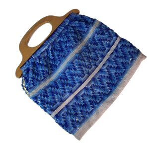 Vintage 70s Blue Aztec Chevron Pattern Tapestry Wood Handle Tote Bag